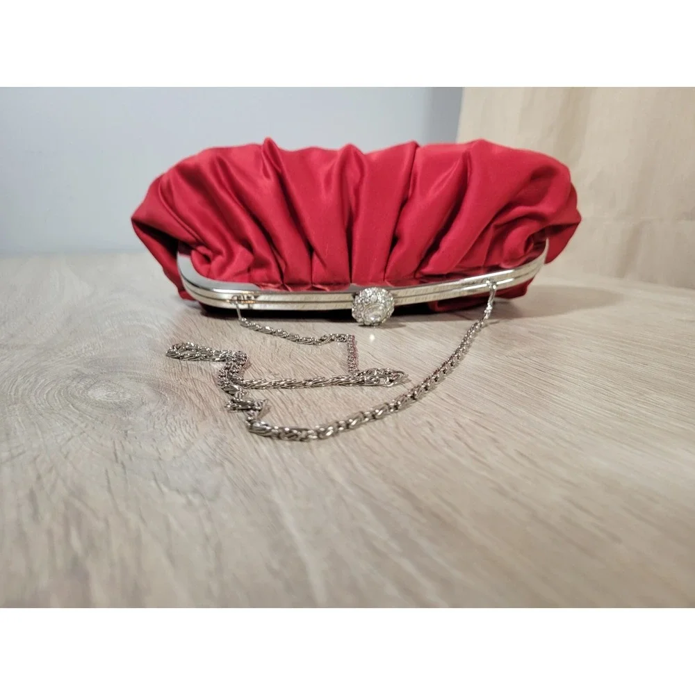 Lulu Townsend Red Clutch w/ Rhinestone Clasp & Chaine strap Purse Night Bag